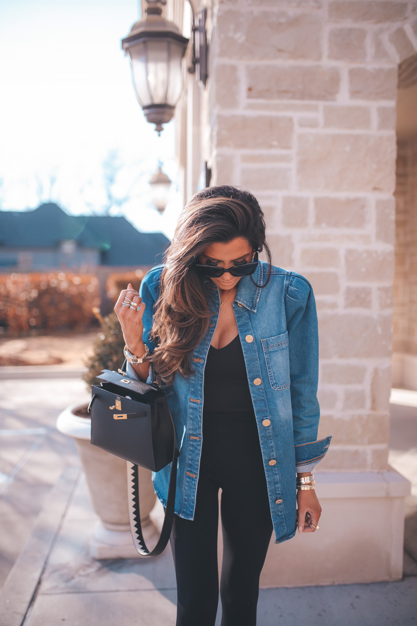 denim puff sleeve jacket with gold buttons, YSL black logo sunglasses 2023, express outfit idea spring 2023
