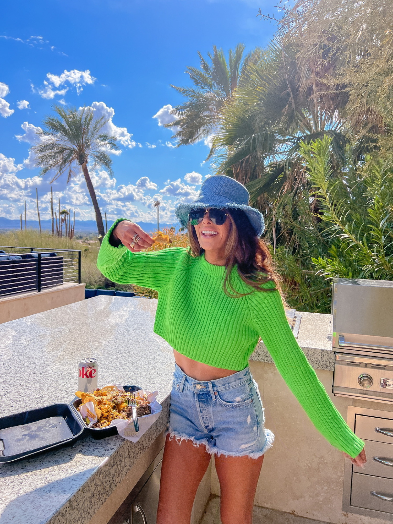 Fendi Blue Denim-Effect Bucket Hat, Agolde Parker Denim Shorts, Scottsdale Fashion Blogger, Emily Ann Gemma