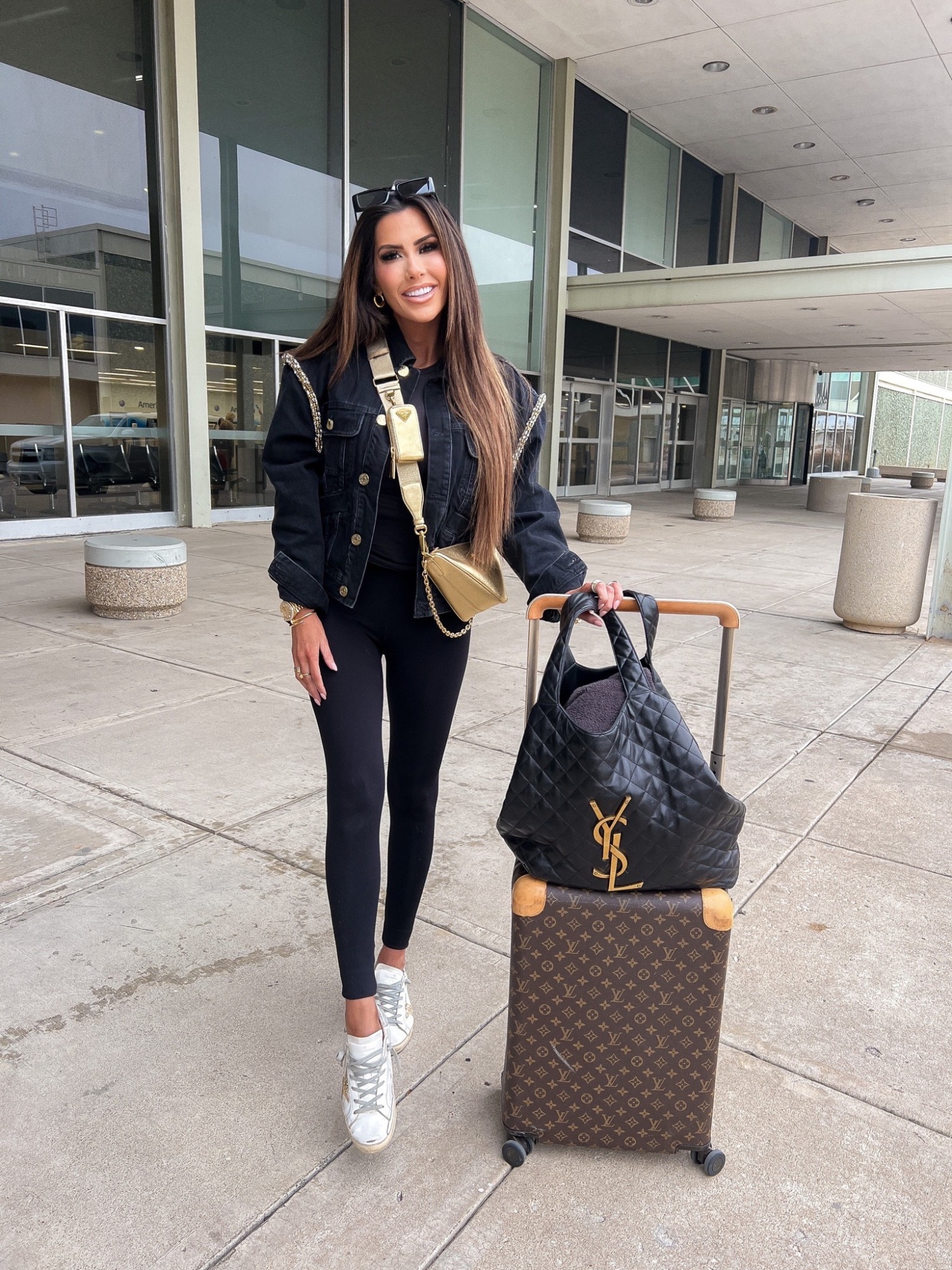 YSL Icare quilted tote bag, Prada Triangle Saffiano Shoulder Bag, Emily Gemma Airport Outfit 2023