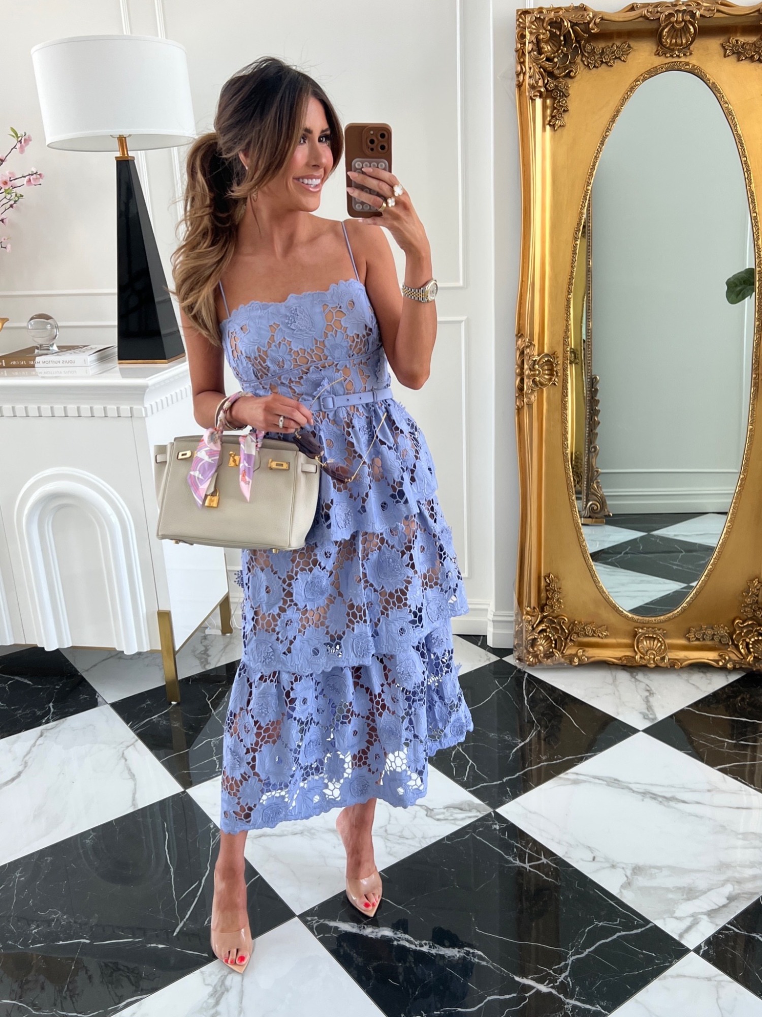 Hermes Birkin Craie 25, Self Portrait 3D Floral Lace Midi Dress, Hermes Twilly Scarf, Emily Ann Gemma