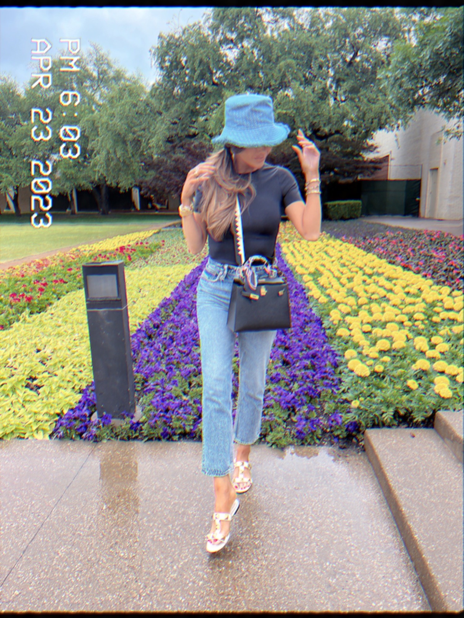 Hermes Kelly 25 Black, Fendi Denim Bucket Hat, Valentino Roman T-Strap Slide Sandals, Emily Ann Gemma