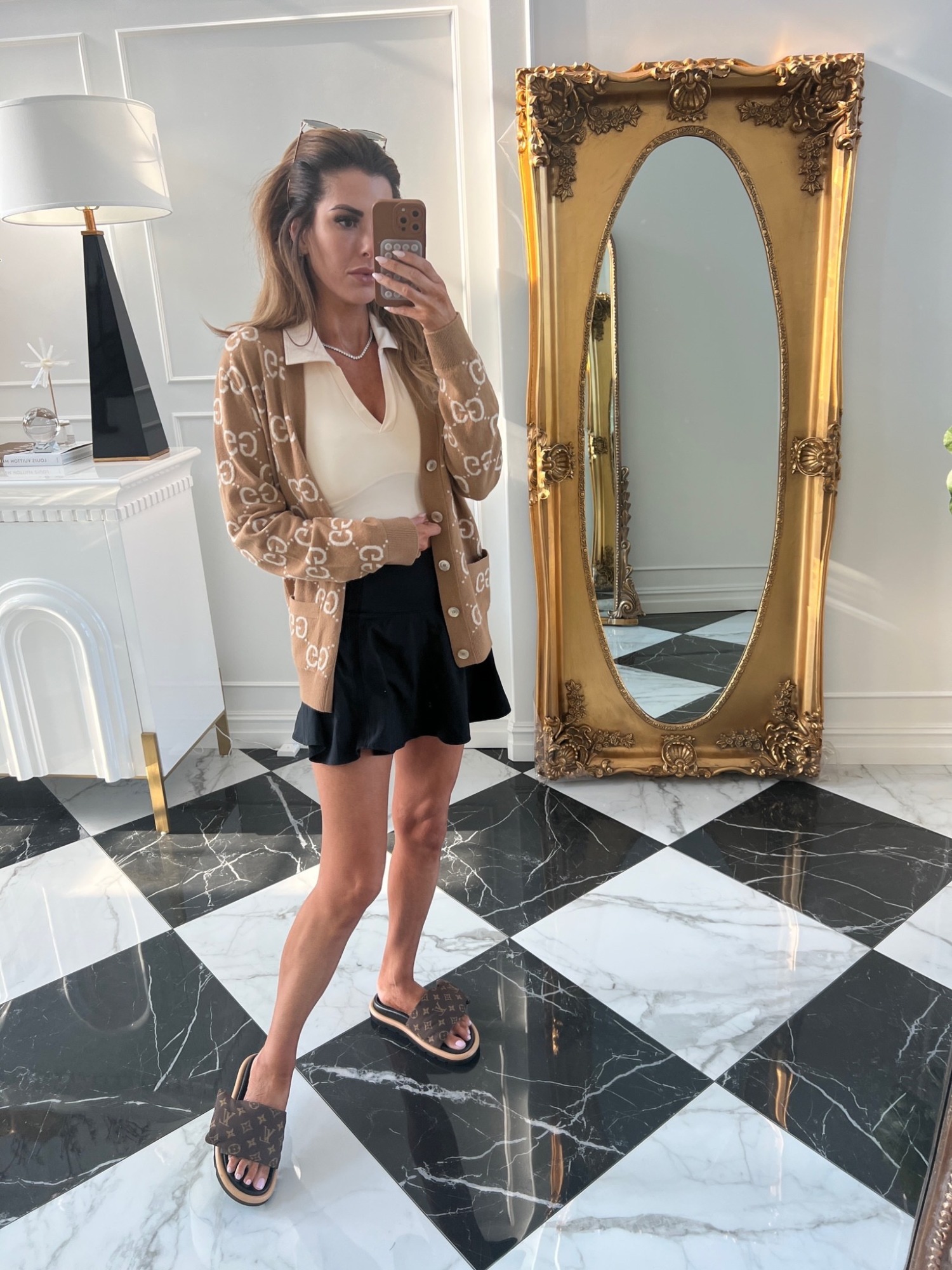 Gucci GG Wool Jacquard Cardigan, Louis Vuittton LV Logo Pillow Slides, Emily Ann Gemma