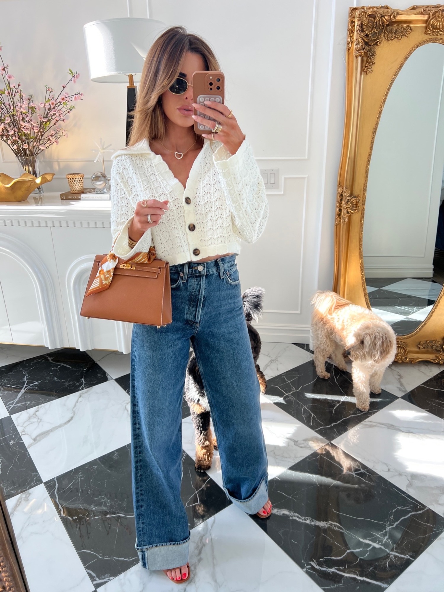 Hermes Kelly 25 Sellier Gold, Agolde Dame Wide Leg Jeans, Celine Triomphe Round Metal Sunglasses, Emily Ann Gemma