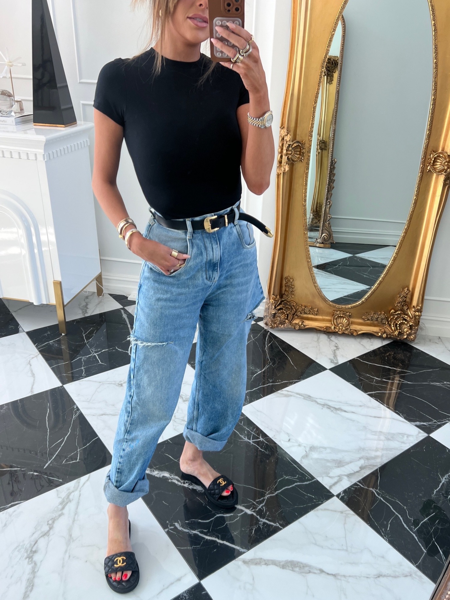 Maison Margiela Slash-Sides Wide Leg Jeans, Chanel Black Quilted Gold Logo Slides 2023, Emily Ann Gemma