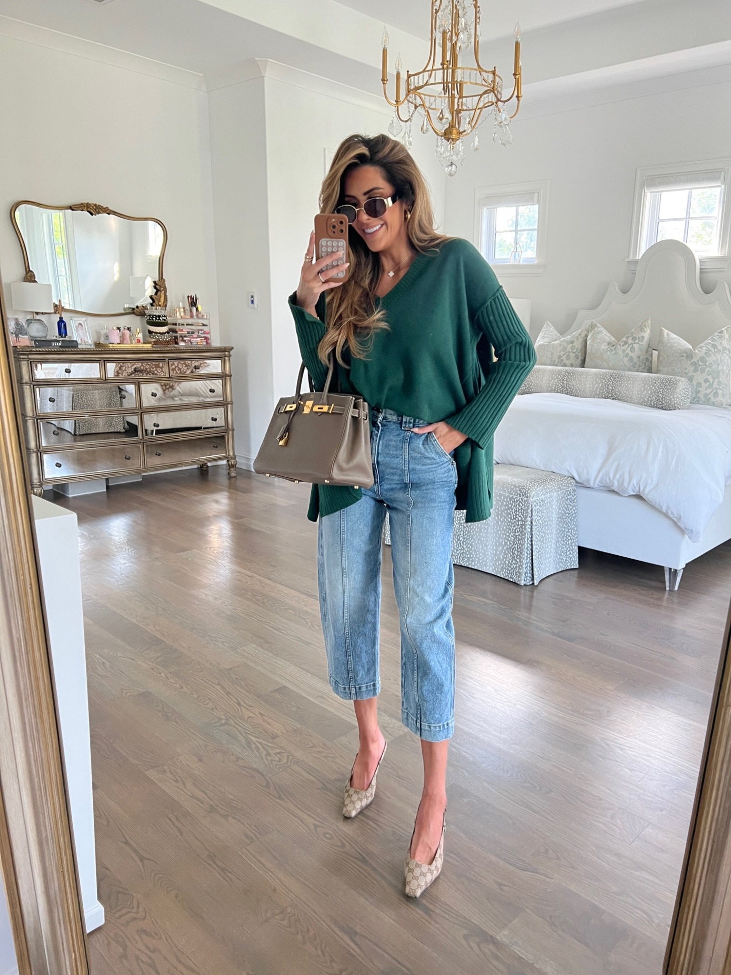 Khaite Hugo Crop Balloon Leg Jeans, Hermes Birkin 30 Etoupe, Gucci GG Slingback Pumps, Emily Ann Gemma