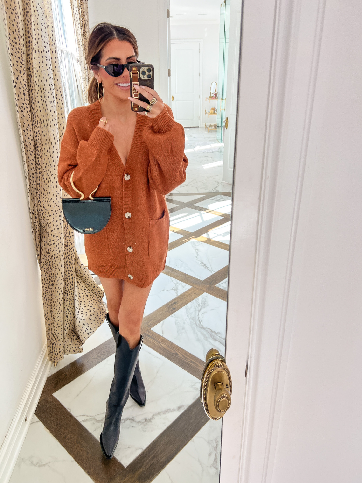 fall 2023 trends oversize cardigan, Anine Bing tall tonia boot, cult gaia savannah mini bag, red dress boutique discount code