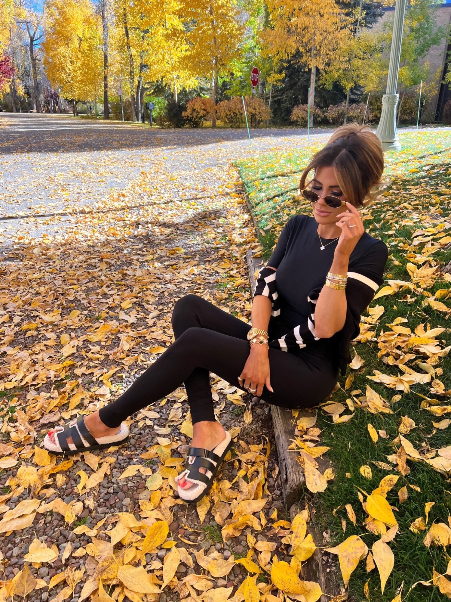 Celine Triomphe Round metal sunglasses, Hermes Chypre Dupe Sandal, Aspen Fashion Blogger, Emily Ann Gemma