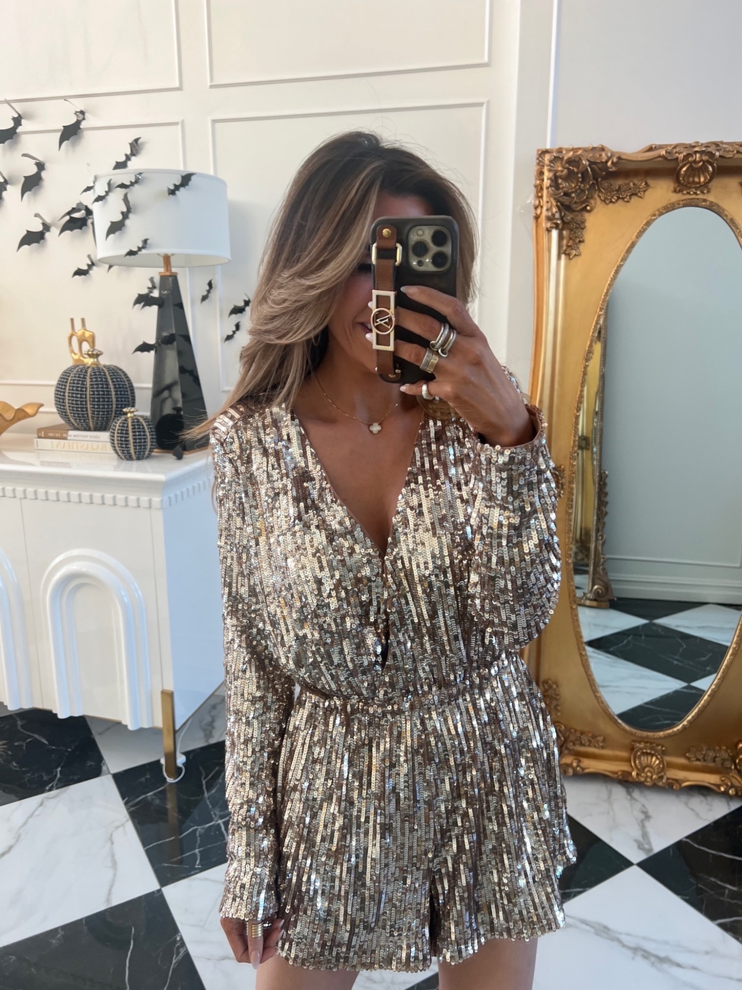 Dynamite Clothing Fall Fashion Try On Haul, Van Cleef and Arpels Vintage Alhambra Necklace, NYE Outfit IDeas 2023, Emily Ann Gemma