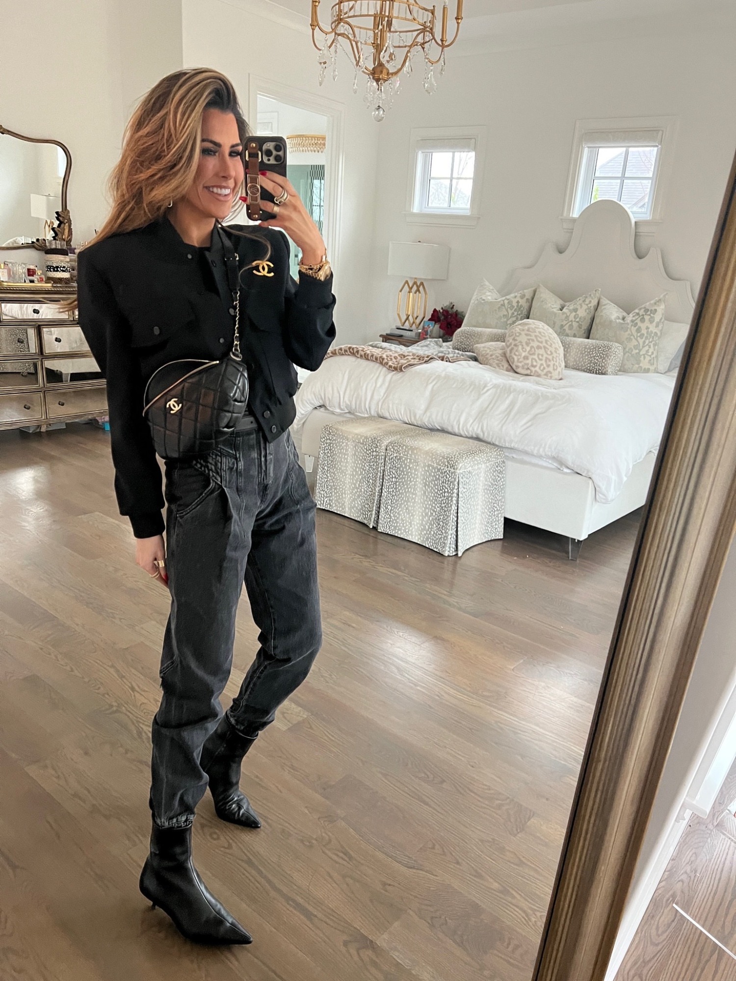 Chanel Leather CC Bum Bag, CC Chanel Gold Brooch, Retrofete Myla Pant, Emily Ann Gemma