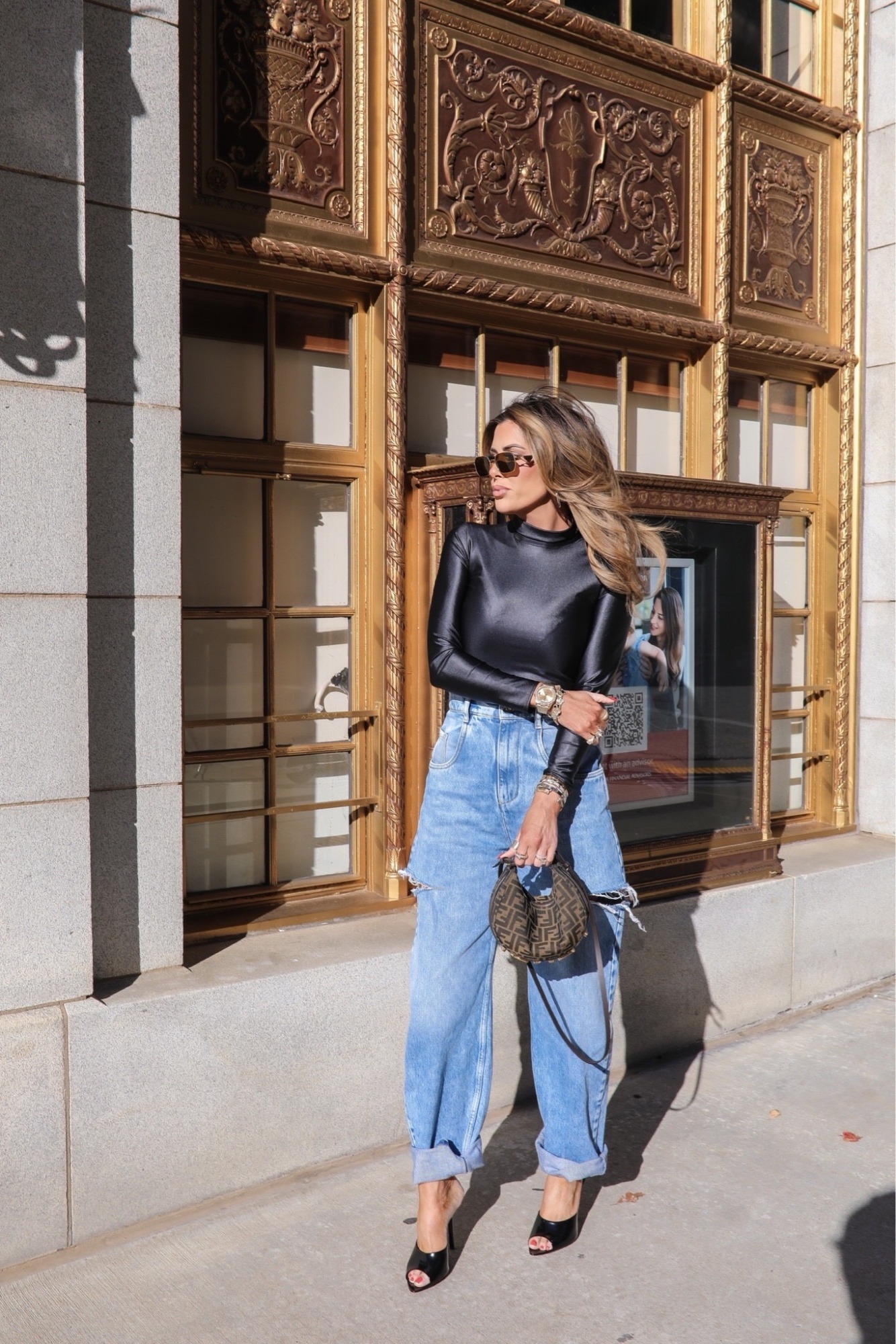 Fendi Fendigraphy FF Logo Bag, Saint Laurent Goldie Mule Sandal, Maison Margiela Slash Sides Jeans, Emily Ann Gemma