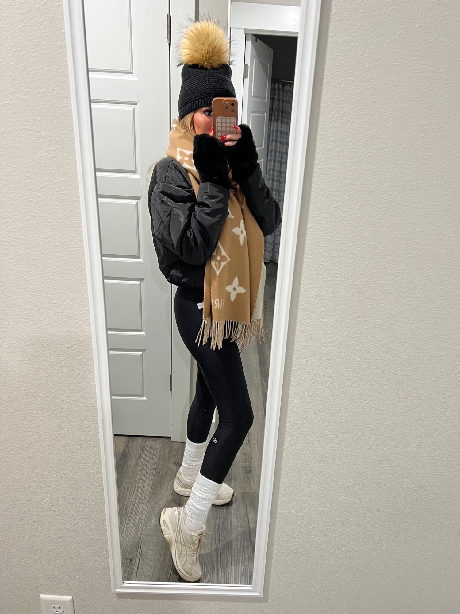 How to style scrunch socks and sneakers, louis vuitton LV scarf, Emily Gemma Winter Outfit Inspiration