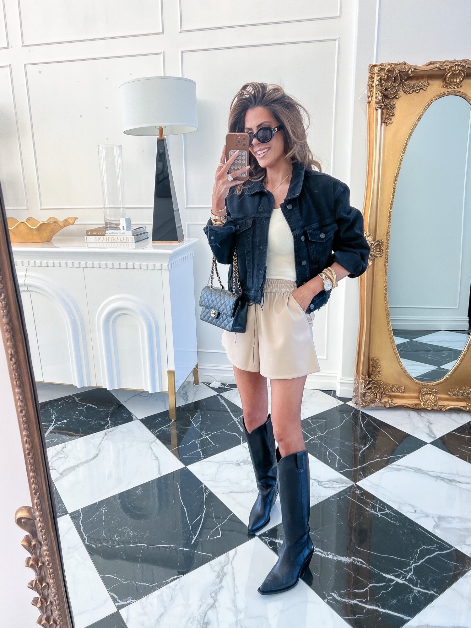 Walmart fashion outfit idea spring 2024, Chanel black classic size small outfit idea, Anine Bing tania boot, agolde charli denim jacket, chanel quilted small double flap black, emily ann gemma