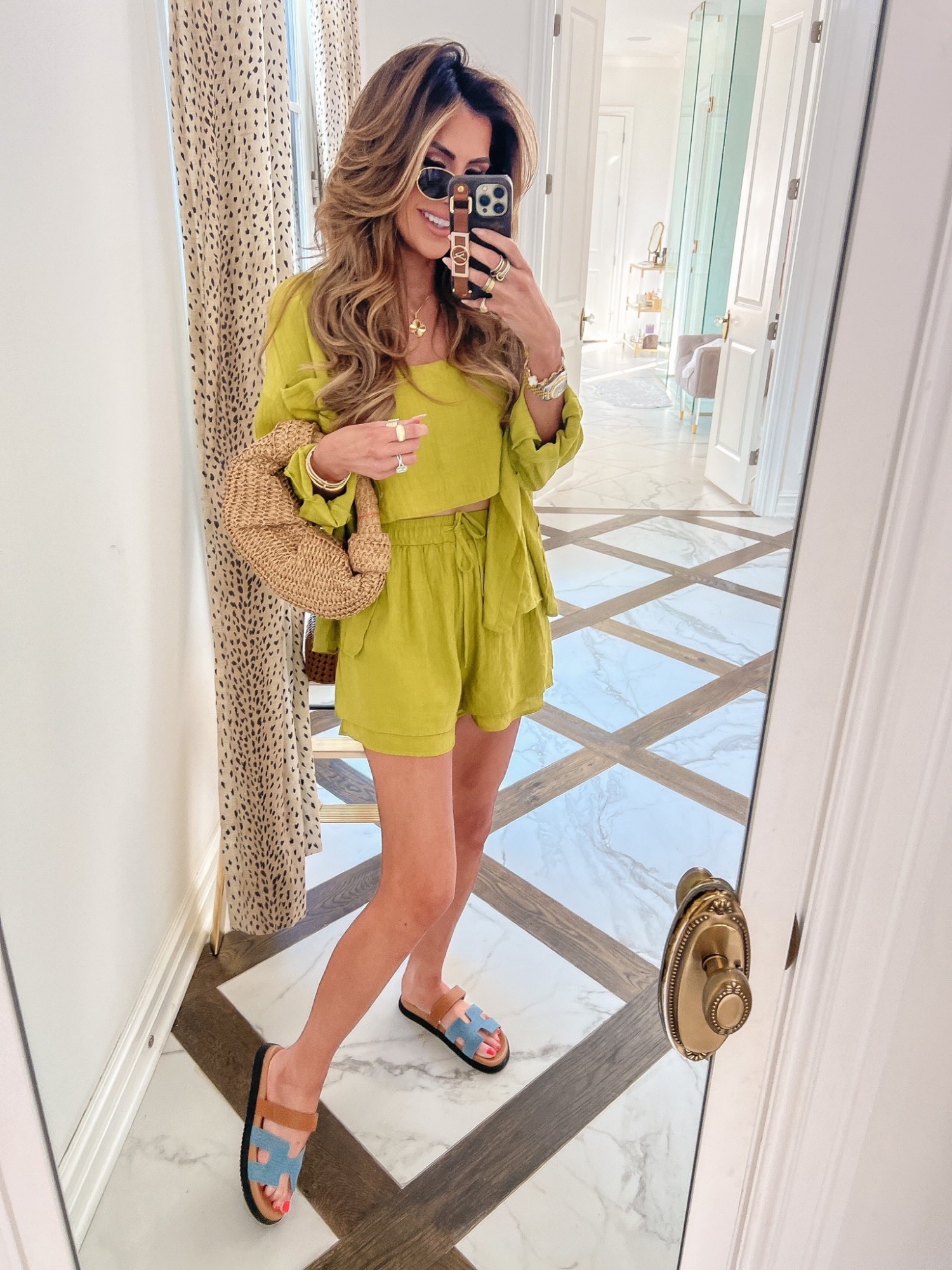 Van Cleef & Arpels yellow gold Guilloche Magic Alhambra Long Necklace, Simon Miller Lopsy Bag, Steve Madden Mayven slide, Celine Triomphe Oval Metal Sunglasses, Emily Ann Gemma