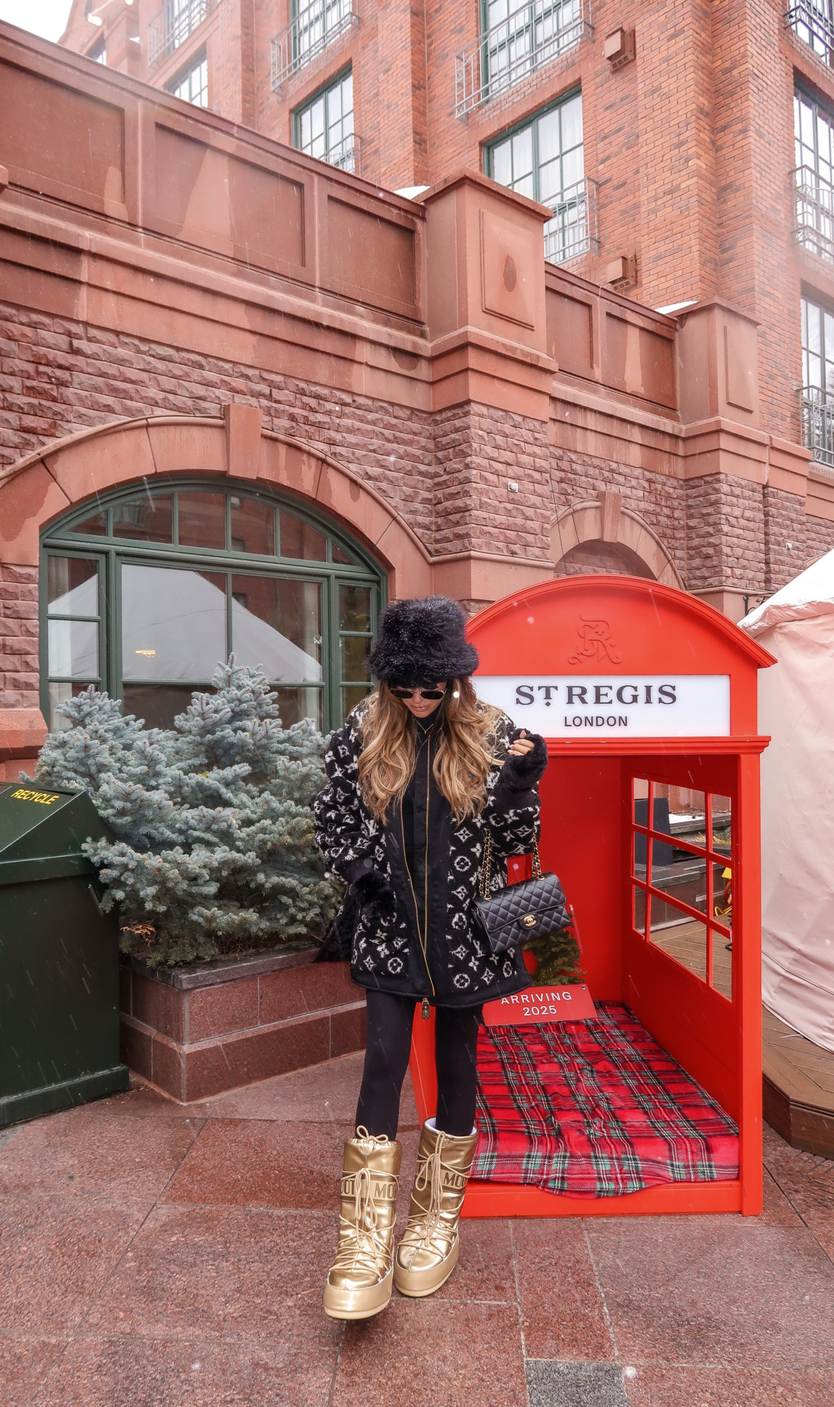 Louis Vuitton oversized teddy bomber jacket womens, What to wear in aspen februay winter fashion, St regis aspen fashion, winter fashion 2024, Emily Gemma, revolve aspen influencers, winter fashion outfit ideas 2024, Fuzzy winter hat trend 2024