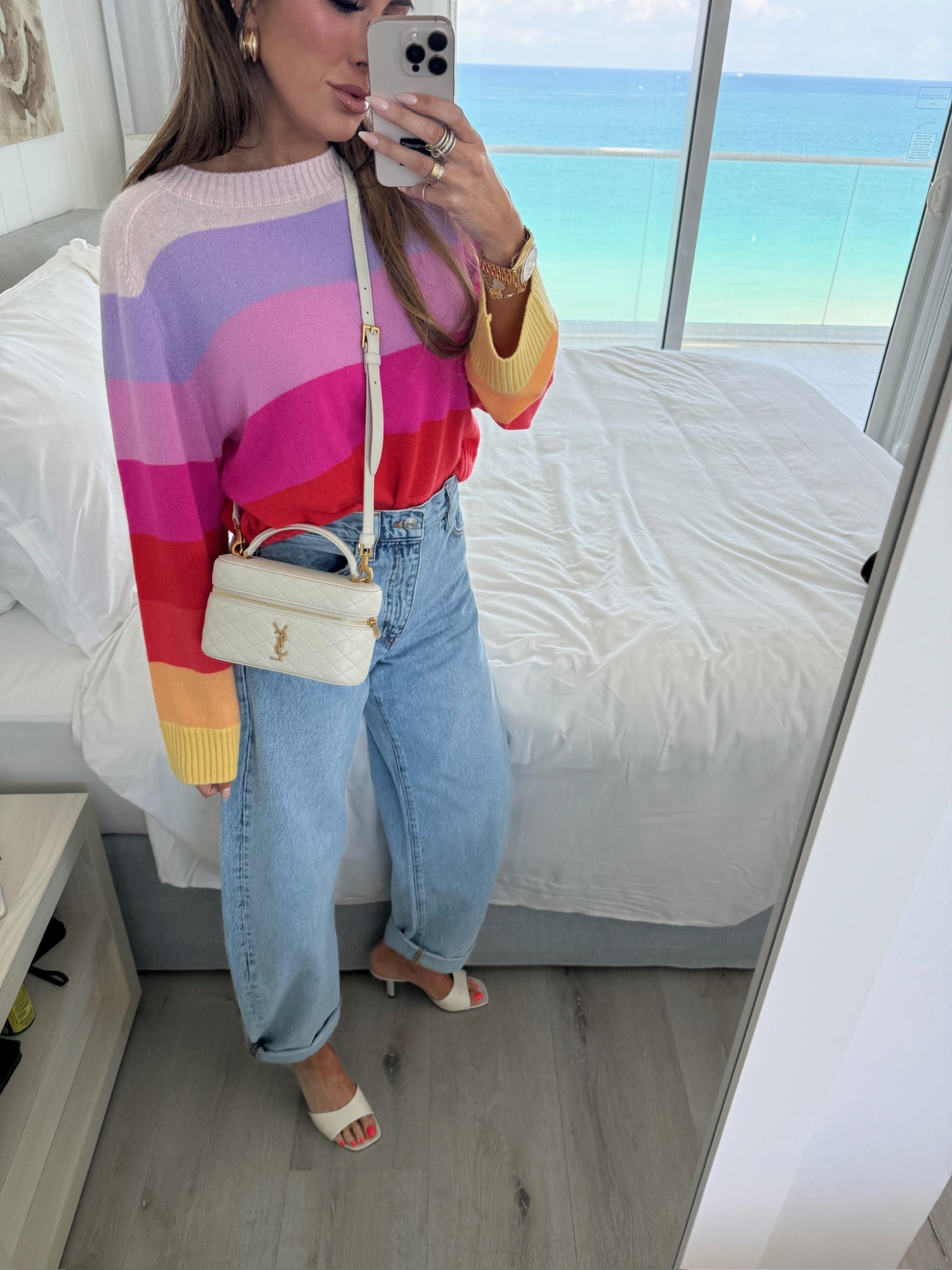 Travel Outfits, Vacation Outfits, Jeans, best jeans, saks fashion, YSL bag, schutz heels, Emily Ann Gemma