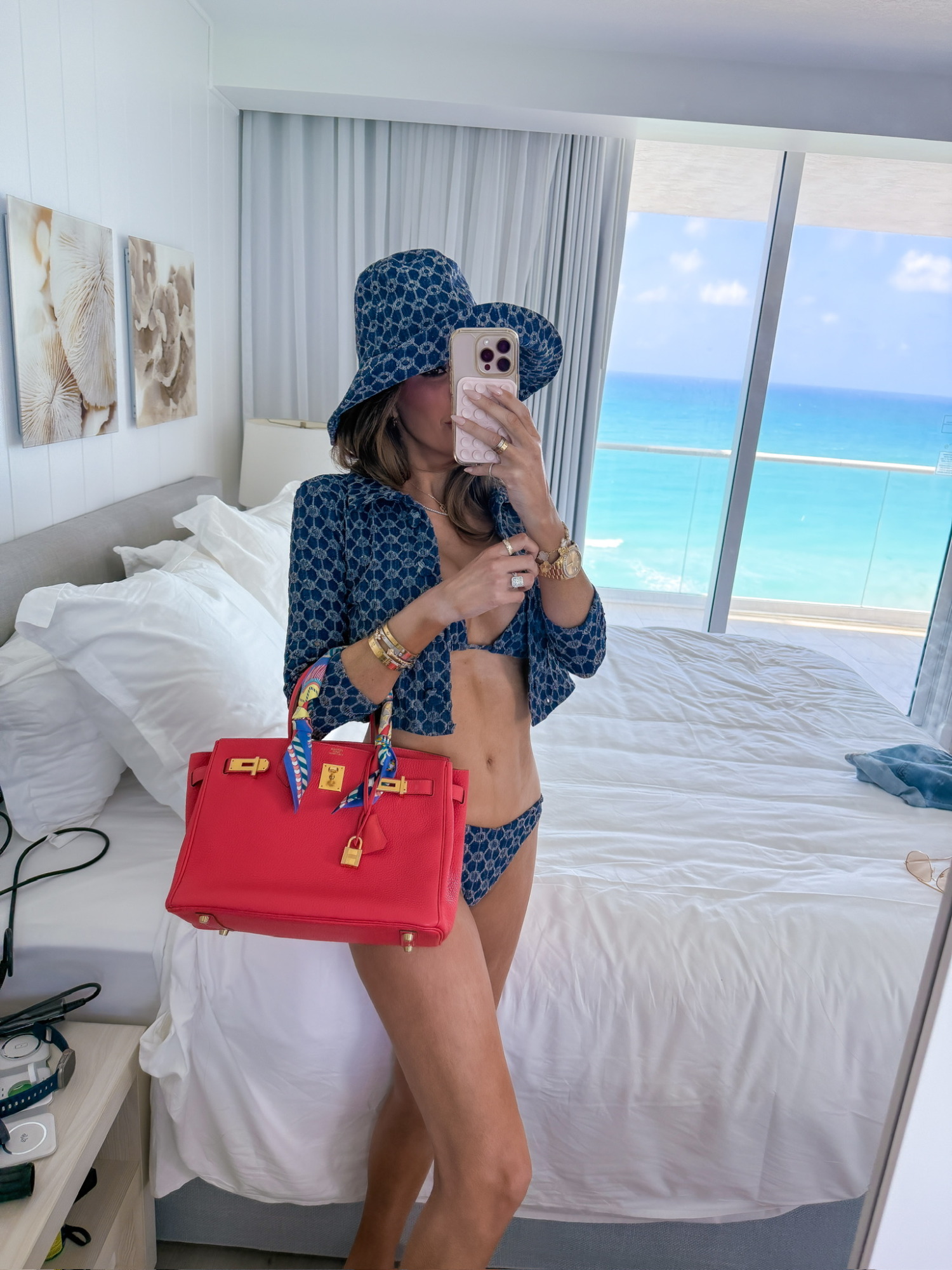Devon Windsor swim, denim swim, Hermes bag, Birkin bag, Miami outfit, pool day, spring break fashion, vacation fashion, best swimsuit, Emily Ann Gemma