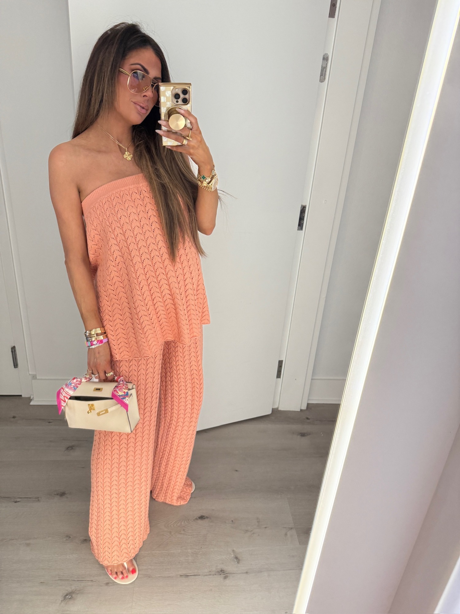 sabo two piece set outfit, kelly pochette nata, bottega veneta sardine aviator sunglasses, van cleef magic alhambra necklace yellow gold guilloche, spring maternity fashion outfit idea