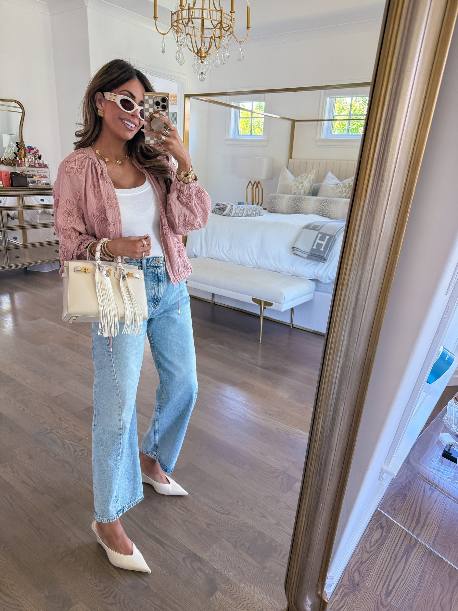 Zara finds, Zara fashion, Pink jacket, Jeans, Summer outfits, Spring outfits, Spring outfit 2026, Miu Miu sunglasses, Zara heels, White heels, Church OOTD, Date night outfits, Emily Ann Gemma, Hermes bag, gemme beauty